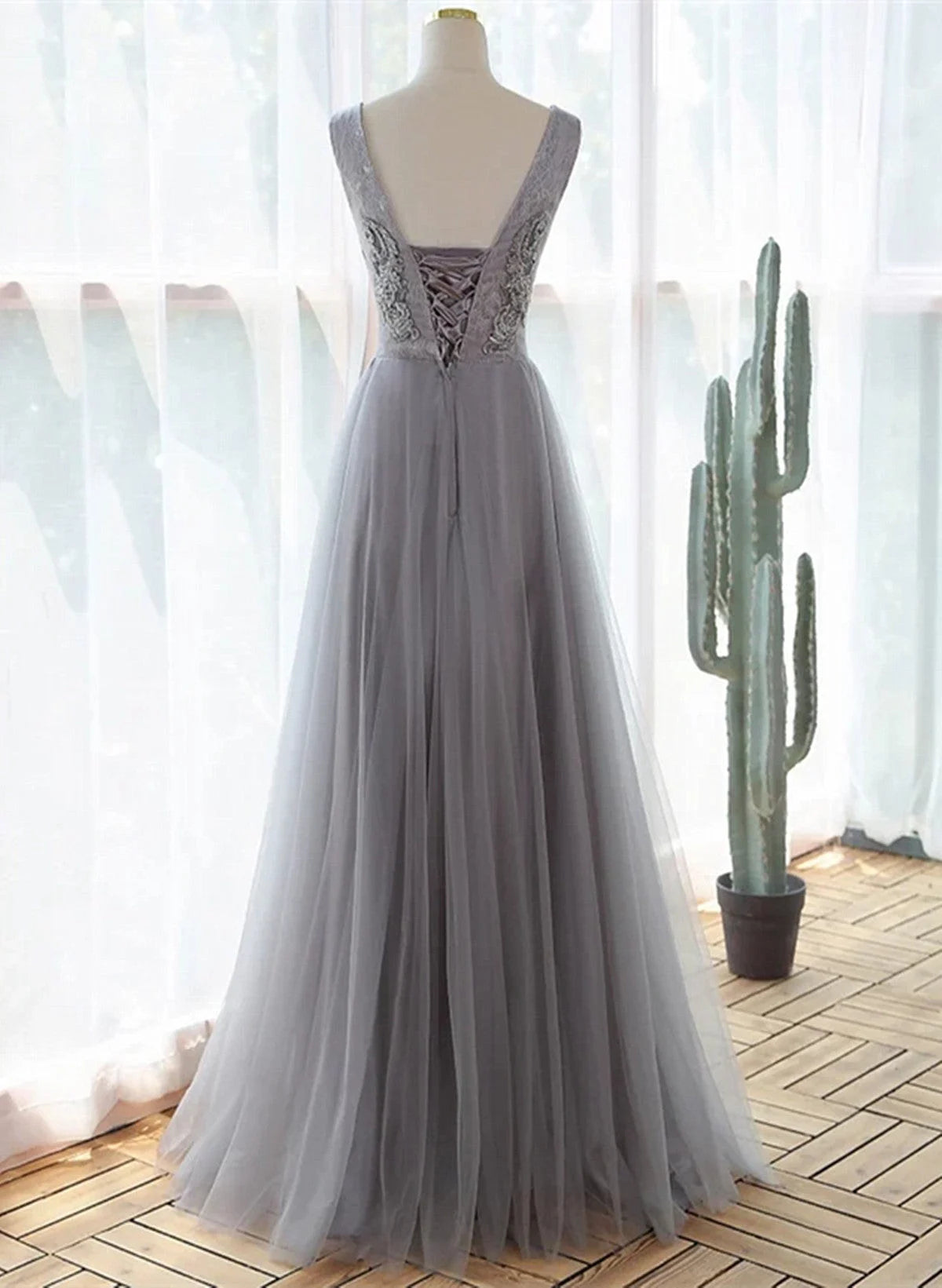 Beaira Grey A-line Tulle with Lace Long Formal Dress Grey V-neckline Prom Dress