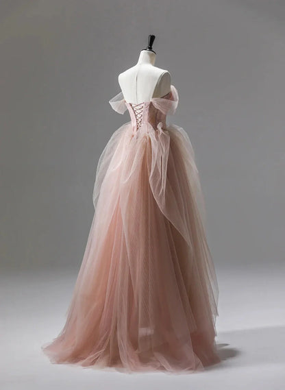 Beaira Pink Tulle Beaded Long Party Dress Prom Dress Pink Floor Length Formal Dress