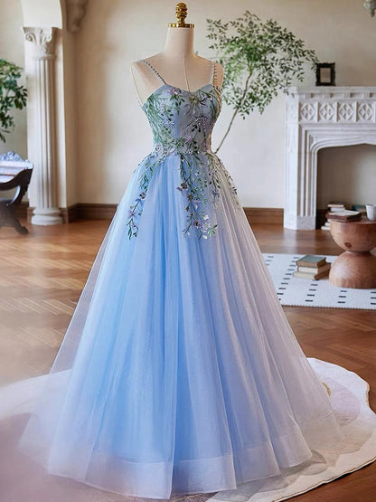 Beaira Light Blue Tulle Straps with Lace Applique Prom Dress Light Blue Party Dress
