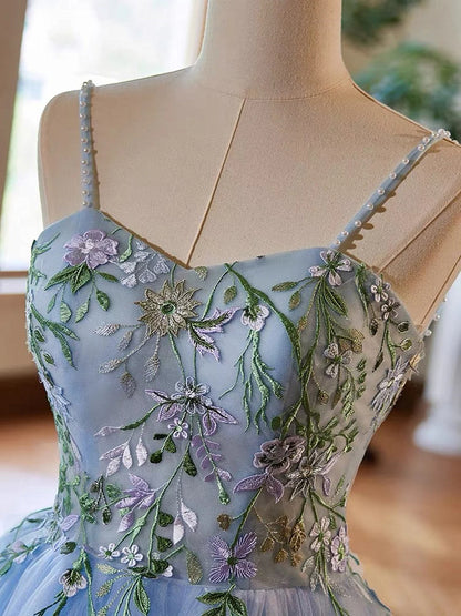 Beaira Light Blue Tulle Straps with Lace Applique Prom Dress Light Blue Party Dress