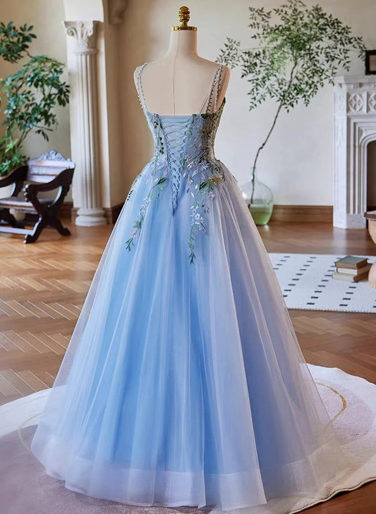 Beaira Light Blue Tulle Straps with Lace Applique Prom Dress Light Blue Party Dress