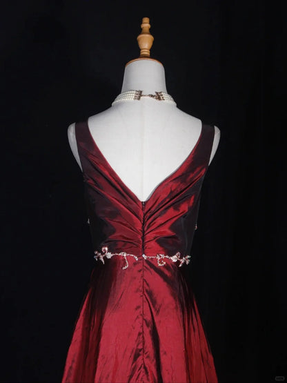 Beaira Pretty Wine Red Taffeta V-neckline Long Prom Dress Wine Red Vintage Party Dress
