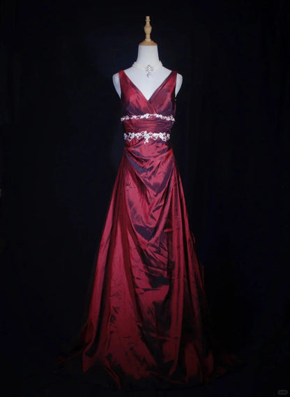 Beaira Pretty Wine Red Taffeta V-neckline Long Prom Dress Wine Red Vintage Party Dress