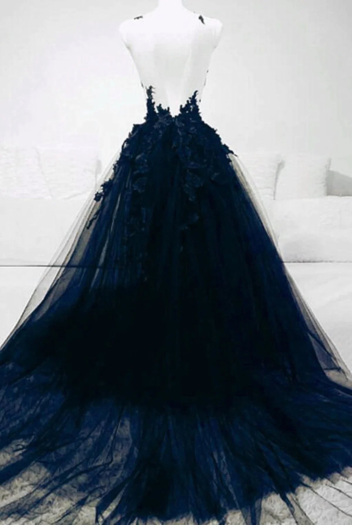 Beaira A-line Navy Blue Tulle with Lace Long Evening Dress Navy Blue Prom Dress