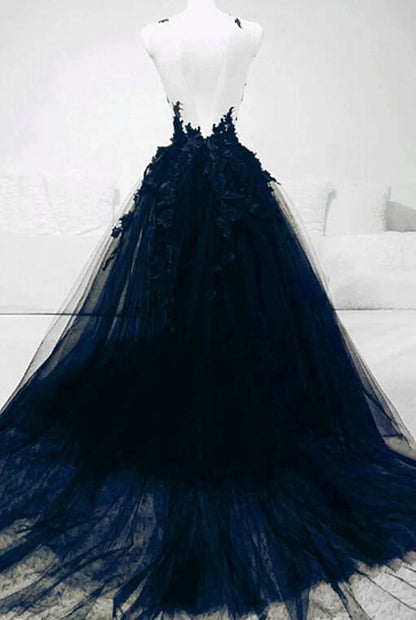 Beaira A-line Navy Blue Tulle with Lace Long Evening Dress Navy Blue Prom Dress