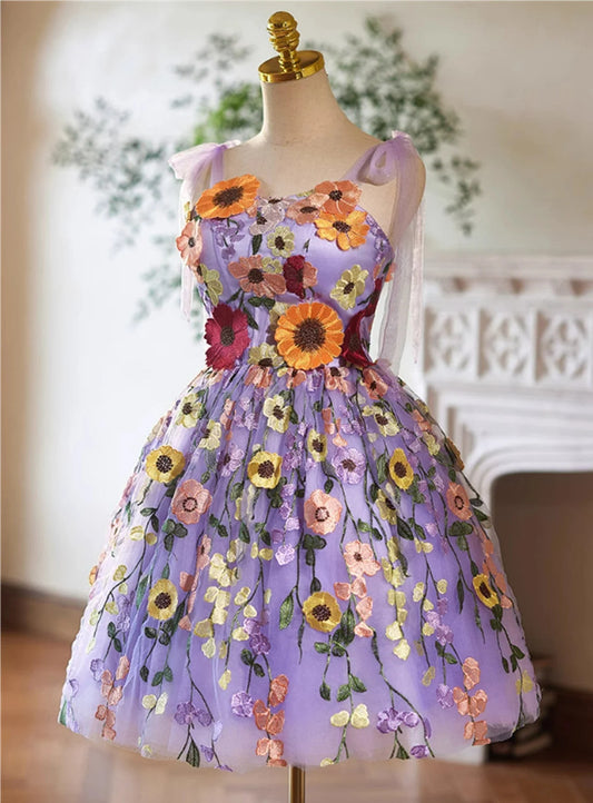 Beaira Cute Lace Flowers Short Homecoming Dress Purple Short Prom Dress