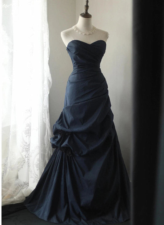 Beaira Dark Blue Vintage Style Taffeta Long Prom Dress Dark Blue Prom Dress