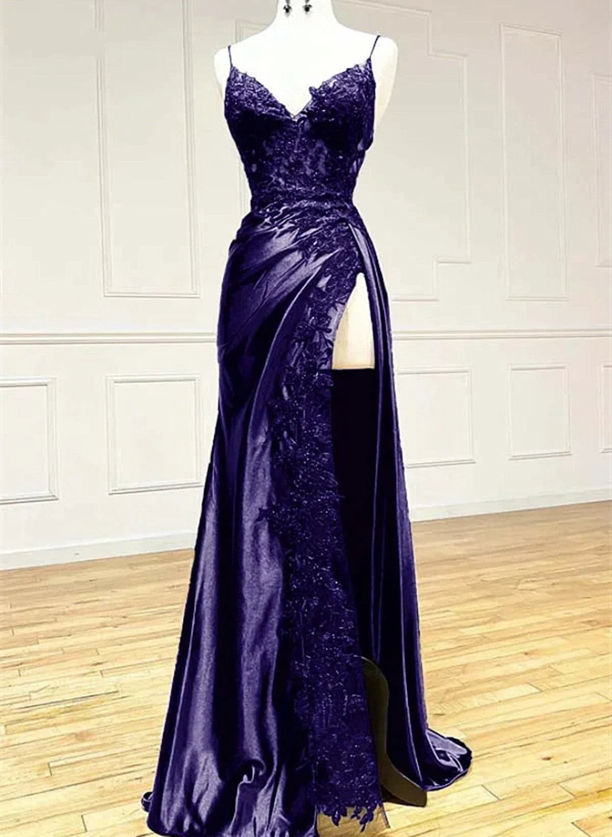 Beaira Purple Satin with Lace V-neckline Straps Long Party Dress Black Prom Dress