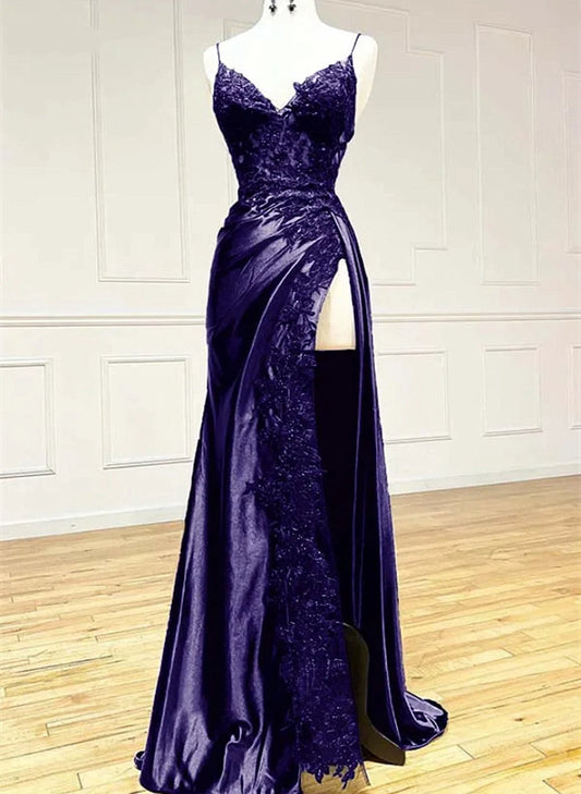 Beaira Purple Satin with Lace V-neckline Straps Long Party Dress Black Prom Dress