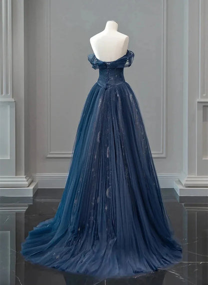 Beaira Navy Blue Sweetheart Off Shoulder Tulle Prom Dress A-line Tulle Formal Dress