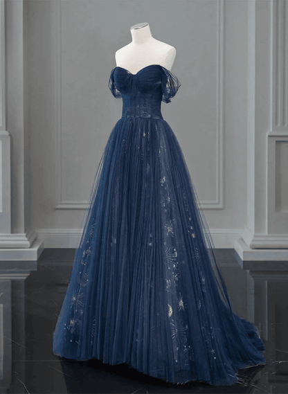 Beaira Navy Blue Sweetheart Off Shoulder Tulle Prom Dress A-line Tulle Formal Dress