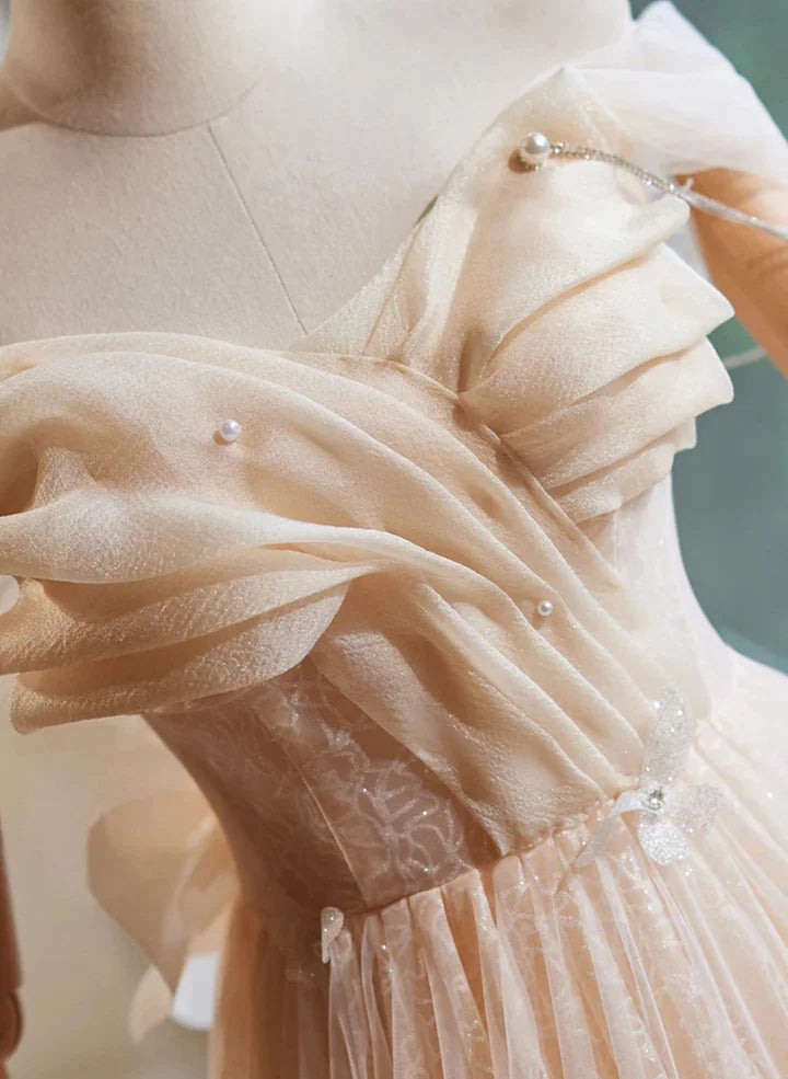 Beaira Champagne Tulle Off Shoulder Beaded Long Party Dress A-line Prom Dress