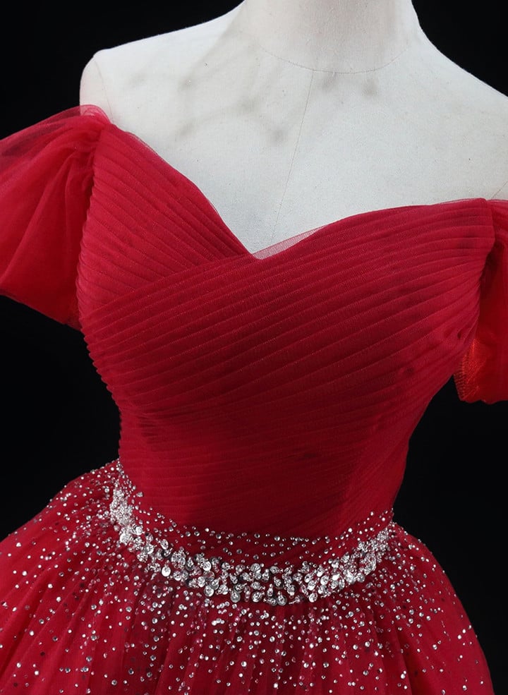 Beaira Lovely Red Tulle Beaded Off Shoulder Homecoming Dress Red Sweetheart Prom Dress