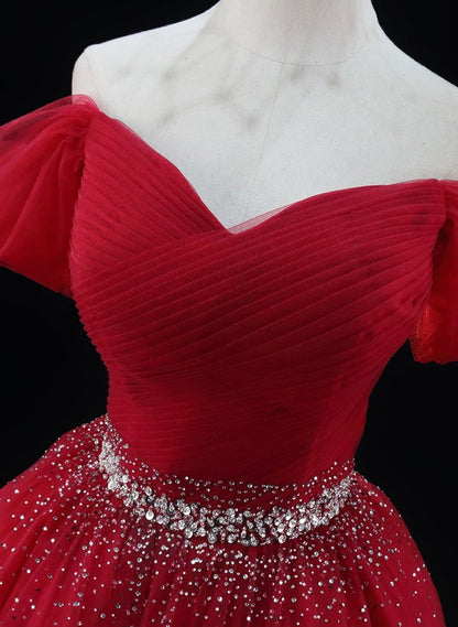 Beaira Lovely Red Tulle Beaded Off Shoulder Homecoming Dress Red Sweetheart Prom Dress