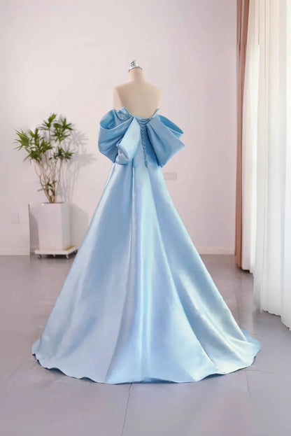 Beaira Blue Satin Off Shoulder A-line Long Prom Dress Blue Evening Dress