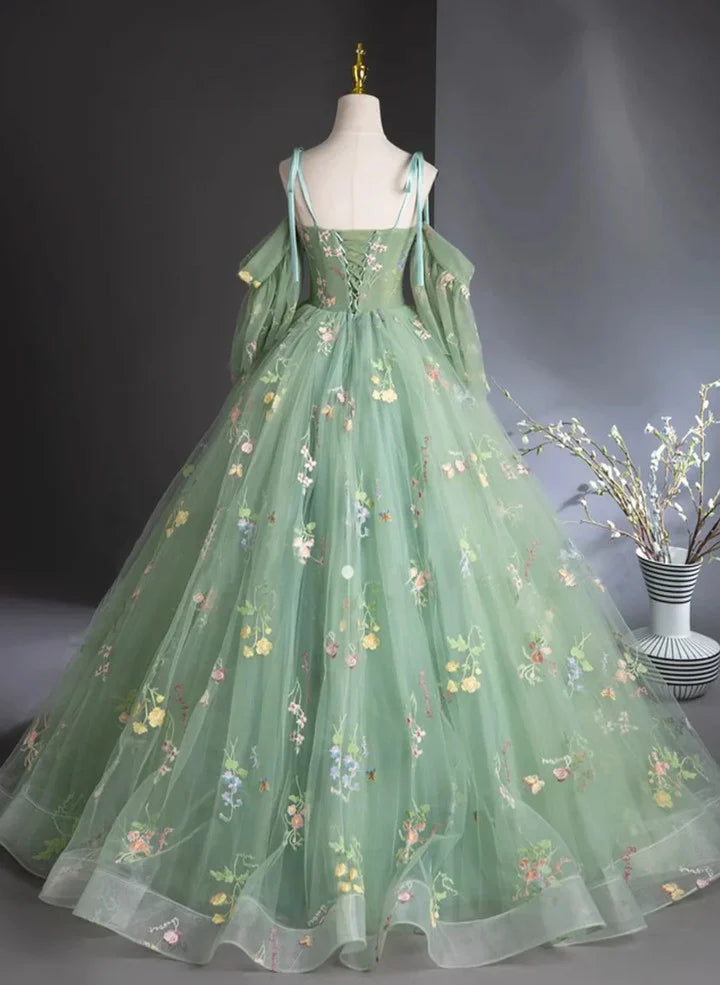 Beaira Green Floral Tulle Long Prom Dress Beautiful A-Line Evening Formal Dress