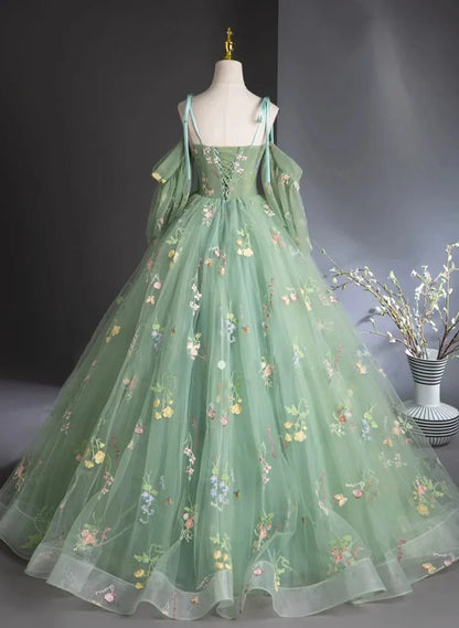 Beaira Green Floral Tulle Long Prom Dress Beautiful A-Line Evening Formal Dress