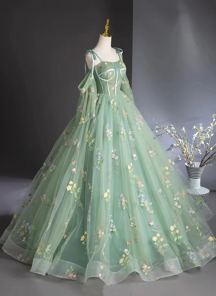 Beaira Green Floral Tulle Long Prom Dress Beautiful A-Line Evening Formal Dress