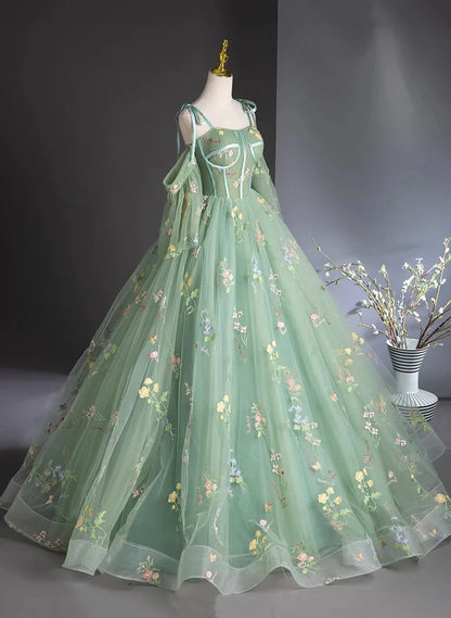 Beaira Green Floral Tulle Long Prom Dress Beautiful A-Line Evening Formal Dress