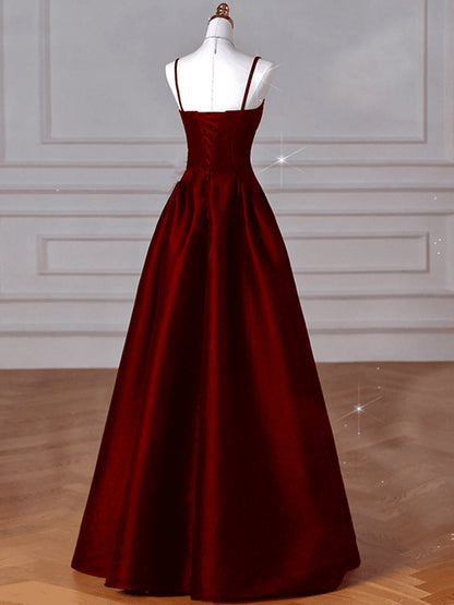 Beaira Wine Red A-Line Straps Satin Long Party Dress Wine Red Long Prom Dress Evening Dress