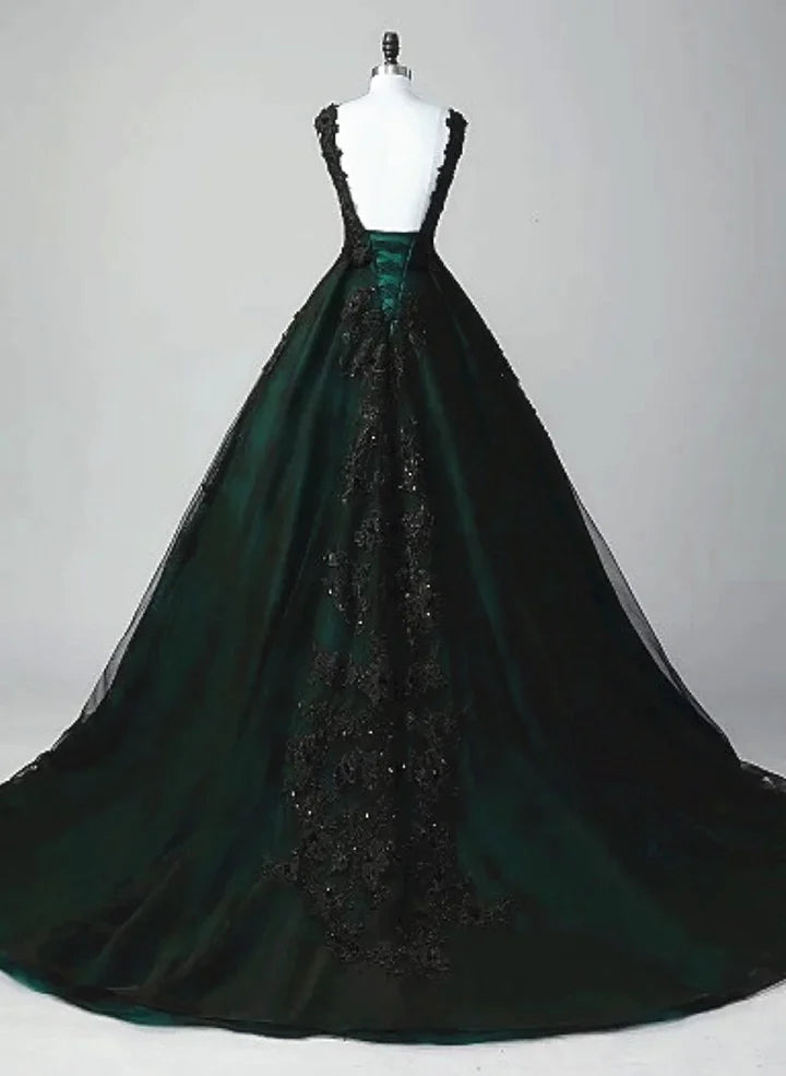 Beaira Charming Black and Green Tulle With Lace Long Party Dress A-Line Low Back Evening Dress