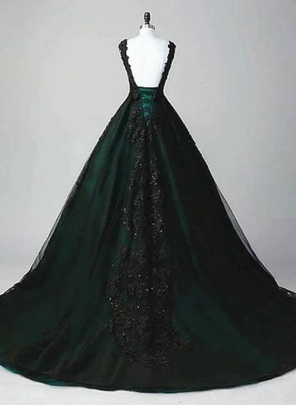 Beaira Charming Black and Green Tulle With Lace Long Party Dress A-Line Low Back Evening Dress