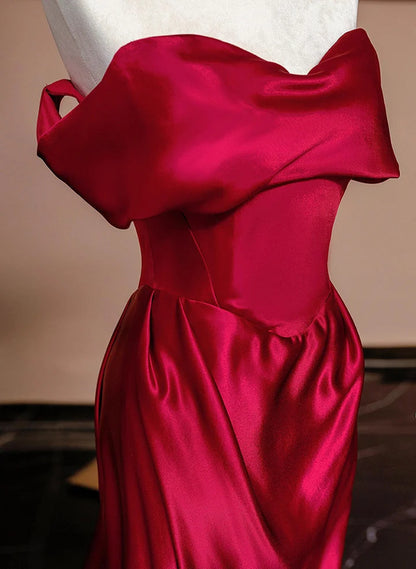 Beaira Glam Wine Red Satin Off Shoulder Evening Dress Wine Red Long Party Dress
