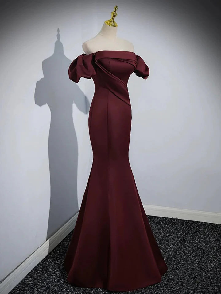 Beaira Charming Maroon Satin Mermaid Off Shoulder Prom Dress Maroon Party Dress