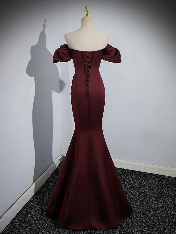 Beaira Charming Maroon Satin Mermaid Off Shoulder Prom Dress Maroon Party Dress