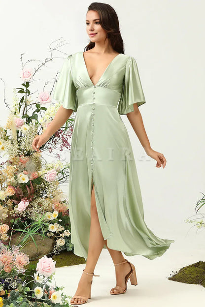 Beaira Dusty Sage A Line Deep V Neck Bridesmaid Dress with Half Sleeves Bridesmaid dress shop ﻿