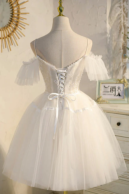 Champagne Spaghetti Straps Lace Short Prom Dress A-Line Party Dress
