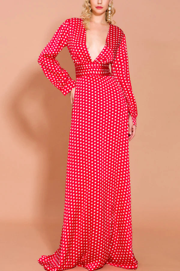 Deep V Neck Long Sleeve White Dot Split Floor-Length Elegant Female Maxi Dress