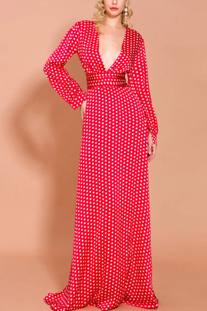 Deep V Neck Long Sleeve White Dot Split Floor-Length Elegant Female Maxi Dress
