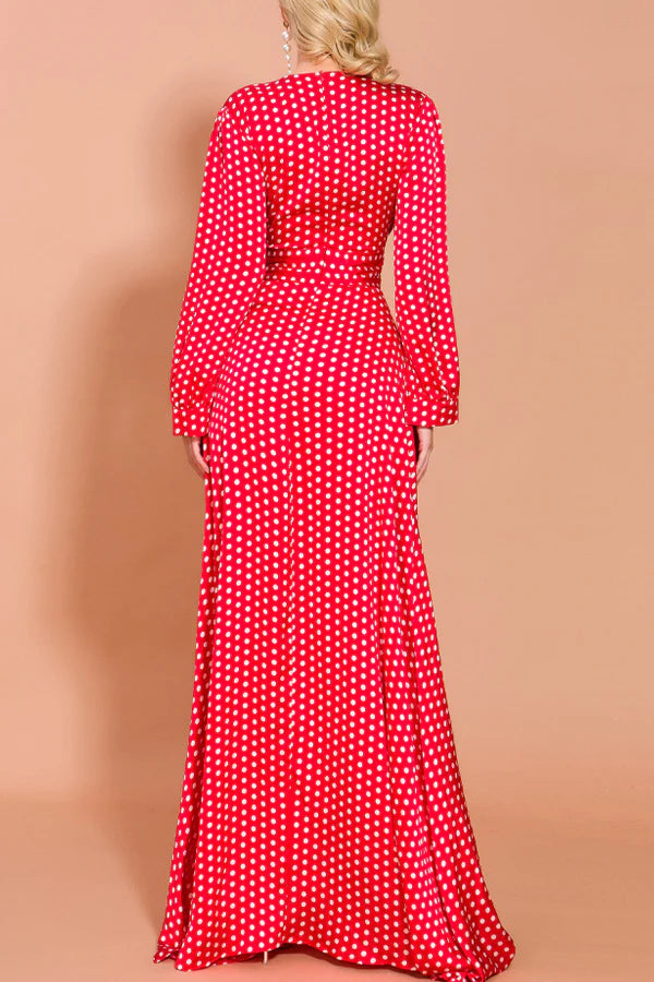 Deep V Neck Long Sleeve White Dot Split Floor-Length Elegant Female Maxi Dress