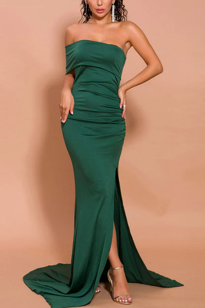 Mermaid Cap Sleeves Satin Prom Dress Dark Green One Shoulder Long Mermaid Prom Dress With