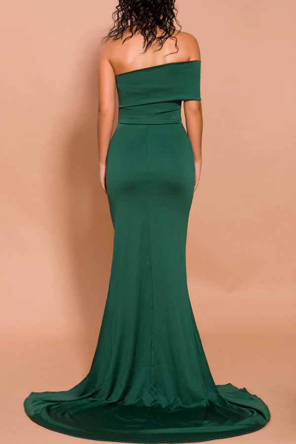 Mermaid Cap Sleeves Satin Prom Dress Dark Green One Shoulder Long Mermaid Prom Dress With