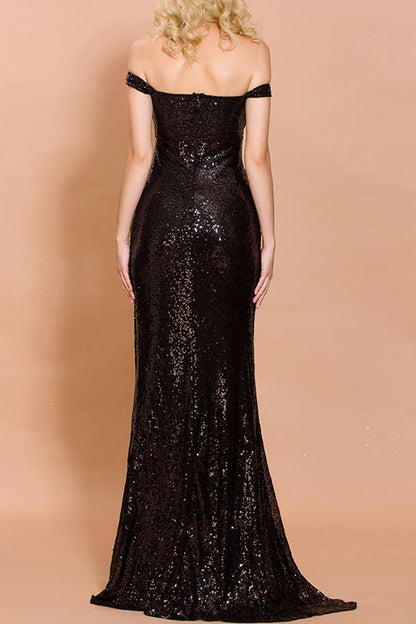 Off Shoulder Embroidered Sequins Open Back Long Prom Dress