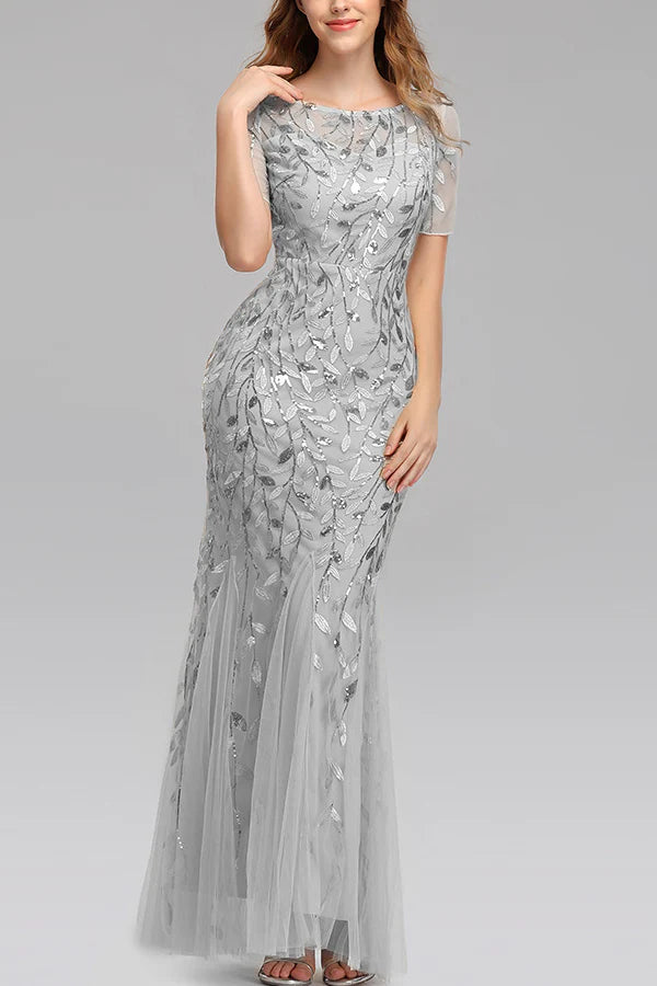 Mermaid Short Sleeves Silver Prom Dress