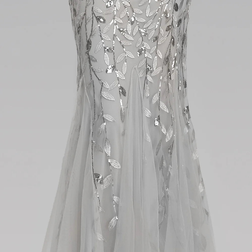 Mermaid Short Sleeves Silver Prom Dress