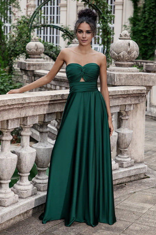 Beaira Dark Green A Line Sweetheart Satin Cut Out Pleated Long Wedding Party Guest Dress Bridesmaid dress shop