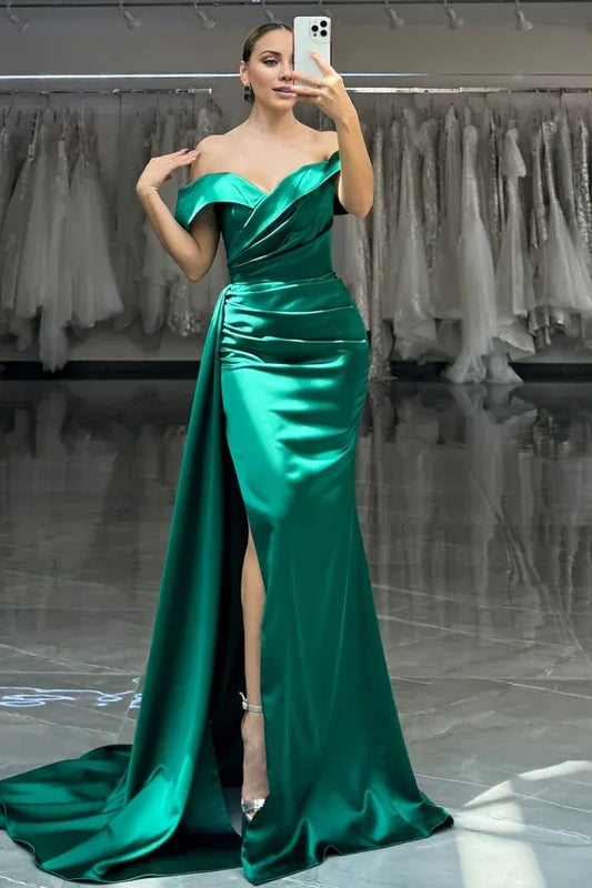 Beaira Simple & Elegant Sheath Off Shoulder Sleeveless Evening Formal Gown Dark Green Back Zipper Pleated High Side Slit and Train Prom Party Dress