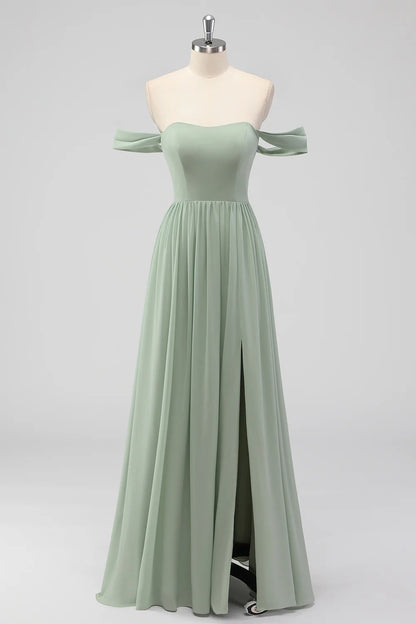 Beaira Elegant Sage Green A-Line Off The Shoulder Ruched Chiffon Long Bridesmaid Dress with Slit