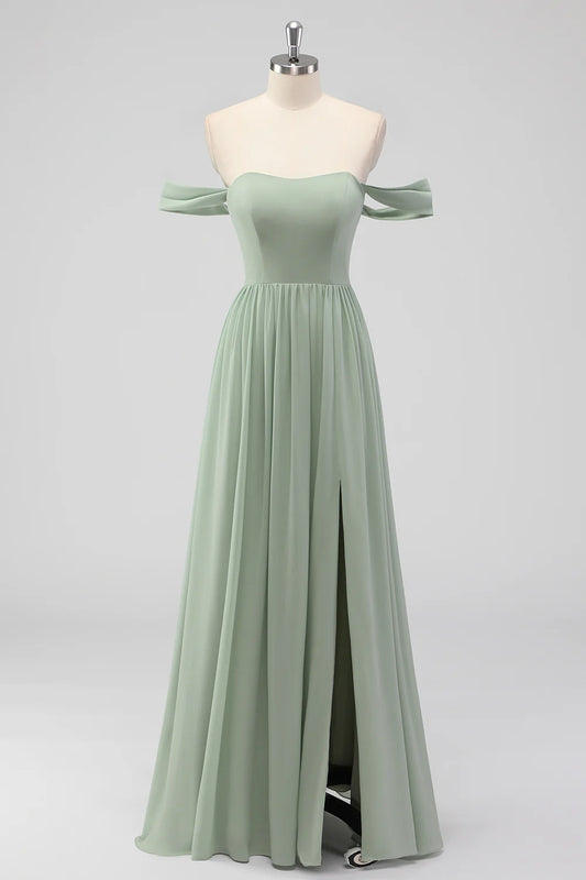 Beaira Elegant Sage Green A-Line Off The Shoulder Ruched Chiffon Long Bridesmaid Dress with Slit