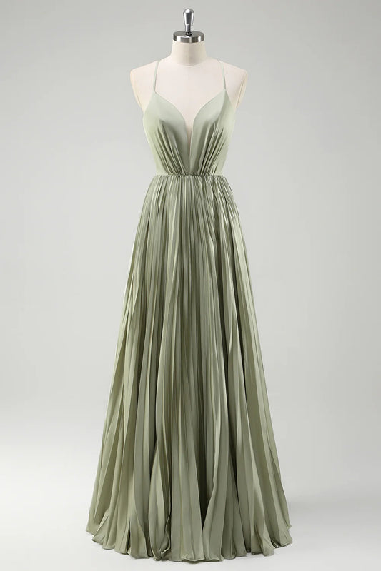 Beaira Elegant Grey Green A-Line Spaghetti Straps Pleated Long Bridesmaid Dress With Lace Up Back