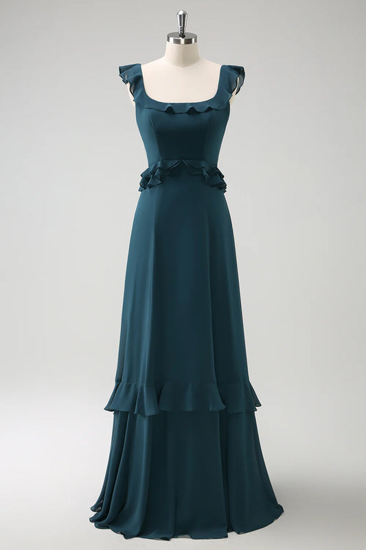 Beaira Dark Peacock Green A Line Square Neck Chiffon Long Bridesmaid Dress with Ruffles Bridesmaid dress shop
