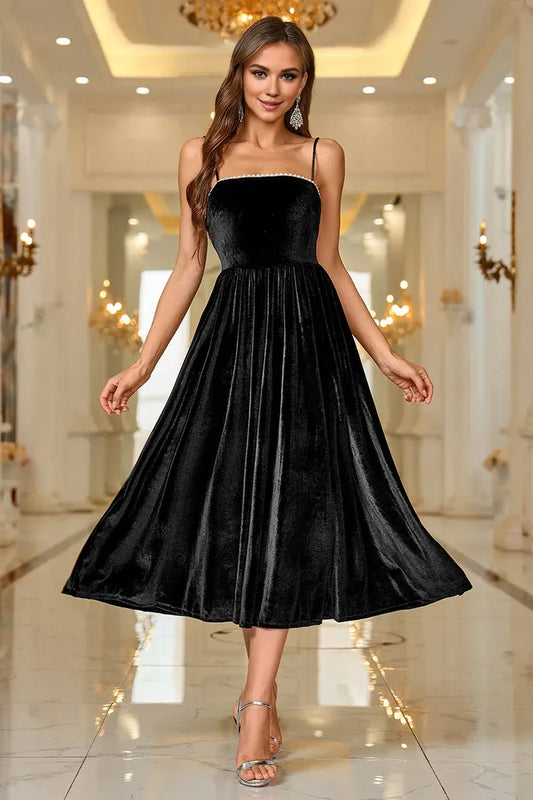 Beaira Elegant Black Velvet A Line Spaghetti Straps Tea Length Prom Dress - Black