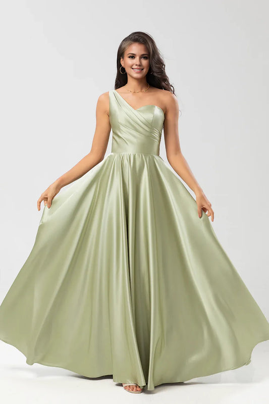 Beaira Dusty Sage A-Line One Shoulder Ruched Satin Bridesmaid Dress with Pocket Bridesmaid dress shop
