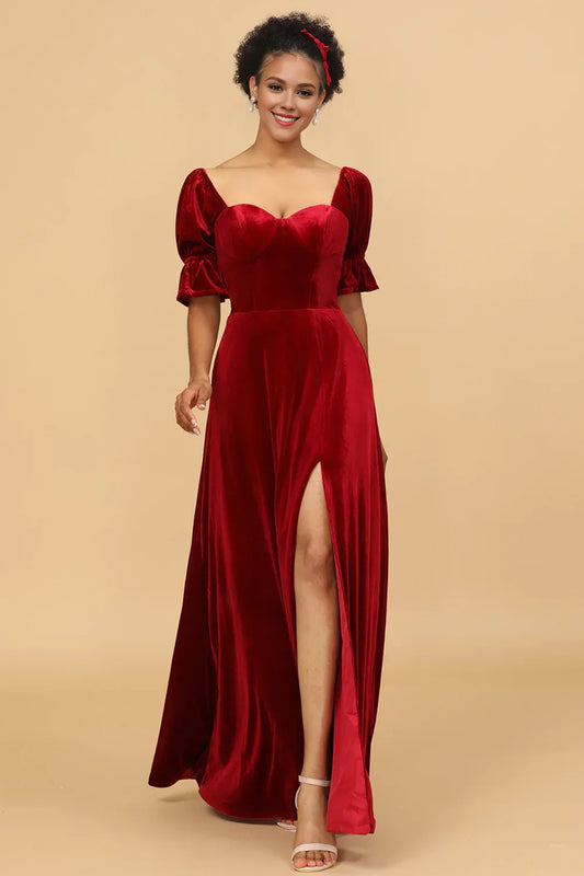 Beaira Simple Burgundy Flare Sleeves Velvet Bridesmaid Dress with Slit New Arrivals