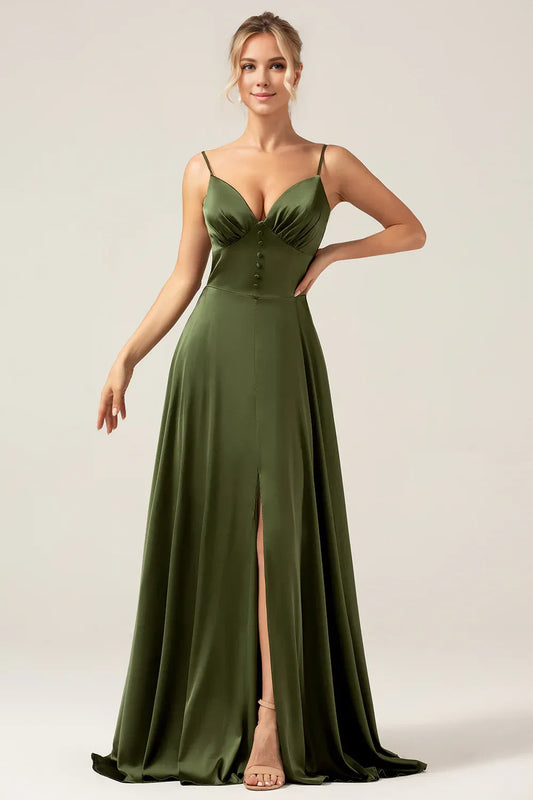Beaira Olive A-Line Spaghetti Straps Long Bridesmaid Dress With Slit Bridesmaid dress shop