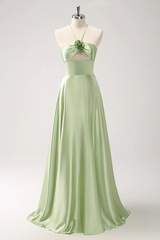 Beaira Light Green A Line Halter Hollow Out Satin Bridesmaid Dress with Flower Bridesmaid dress shop